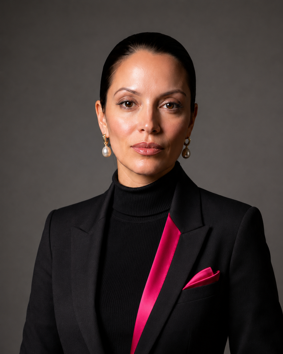 Marilyn Gerena in a black suit with vibrant pink accents